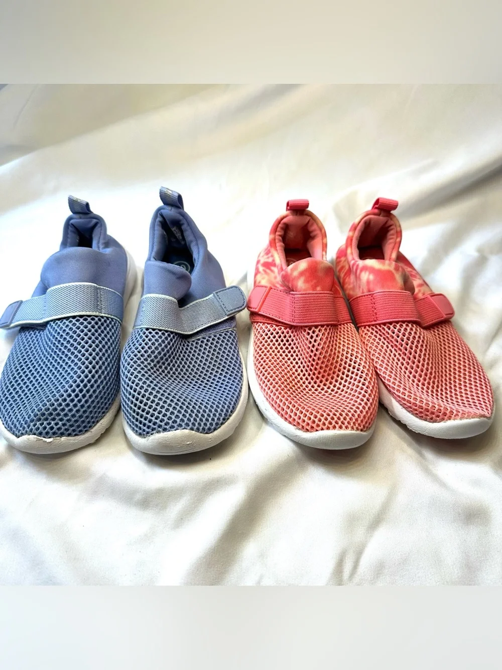 Two pairs of Kids Slip-On Mesh water shoes in Blue and Coral